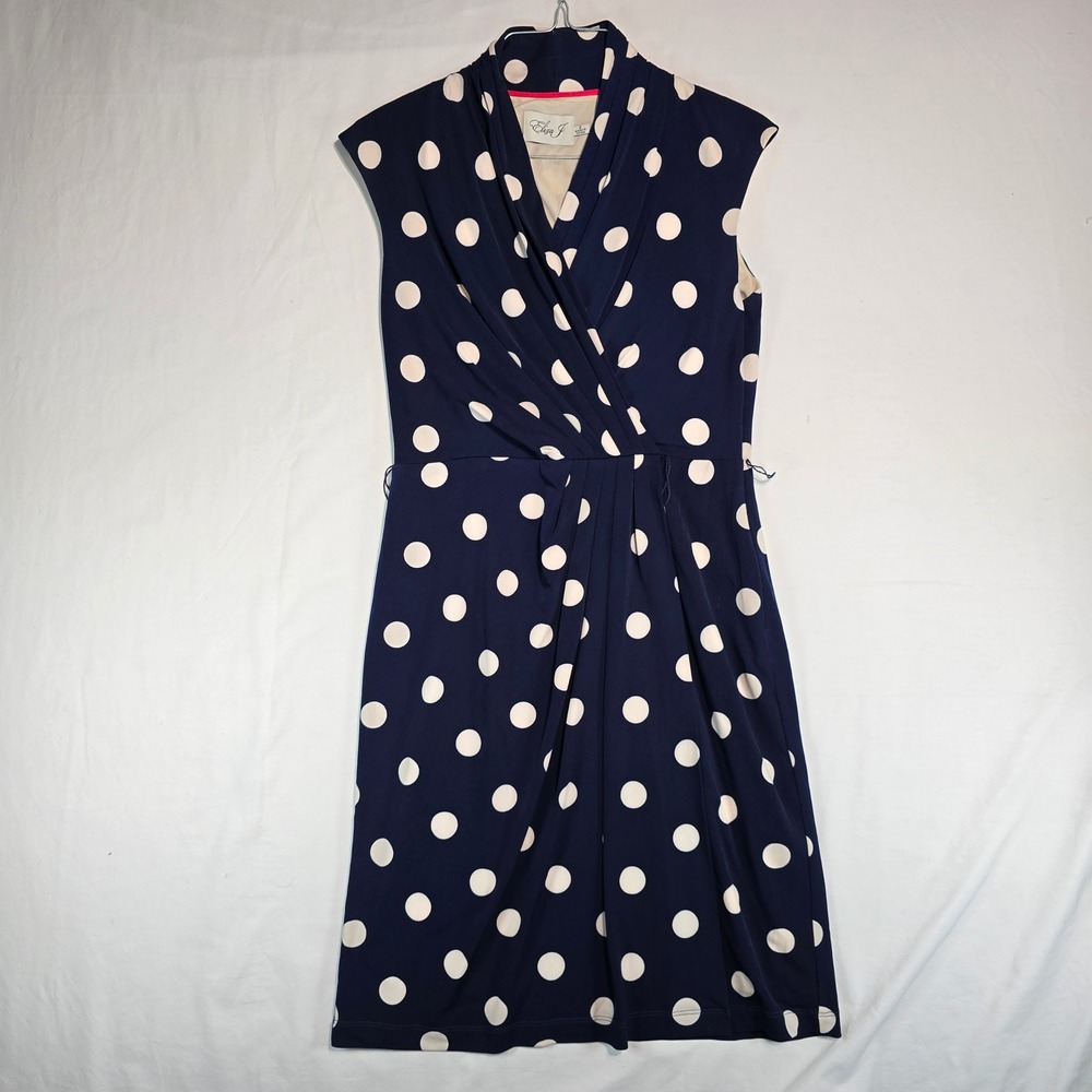 Eliza J Navy Blue White Polka Dot Pleated Surplice Sheath Dress EJ4M6780